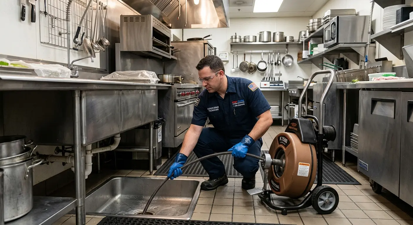 Commercial drain cleaning service in a restaurant kitchen in Garnet