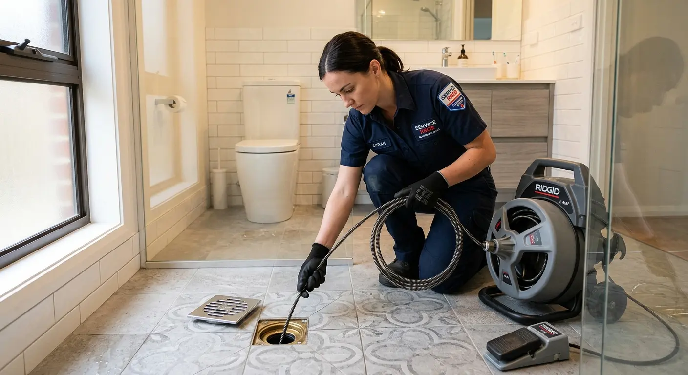 Technician clearing a bathroom floor drain for Drain Cleaning in Garnet